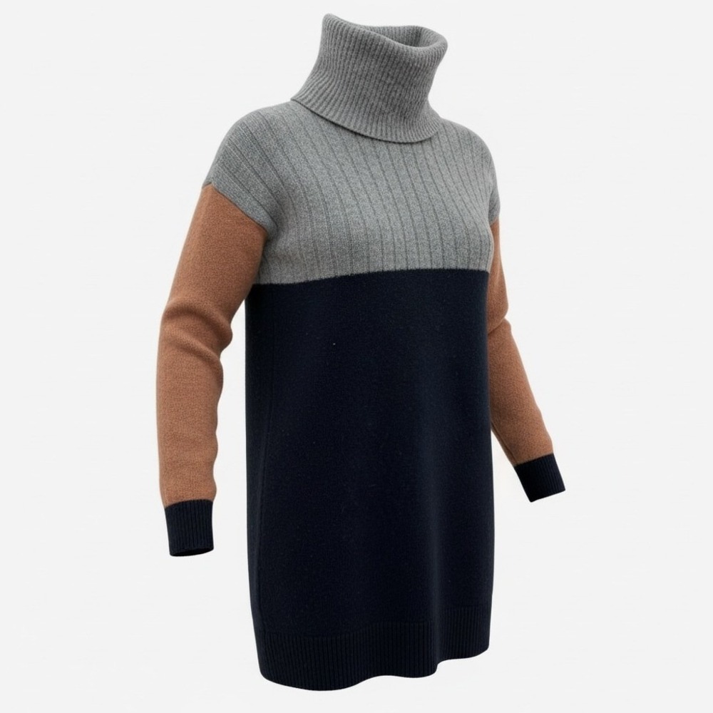 Madewell Merino Wool Colorblock Turtleneck Sweater Dress S Small Navy Grey Brown